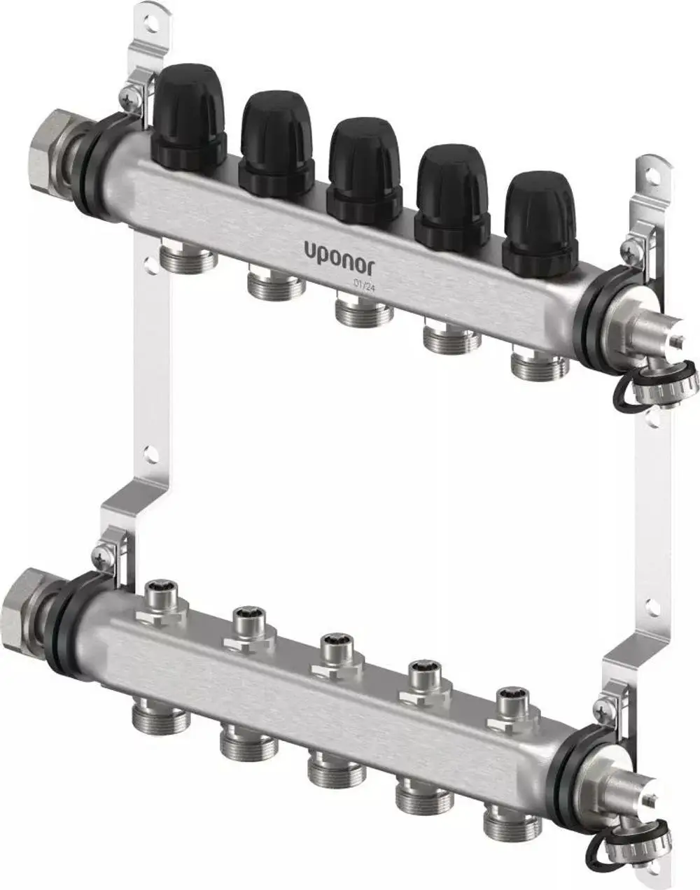 Verteiler von Uponor mit mehreren Anschlüssen. Das Gerät hat eine metallische Oberfläche und ist für die Kombination von Heiz- und Kühlsystemen geeignet.